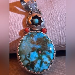 Handmade Artisan Turquoise & Coral Sterling Pendant